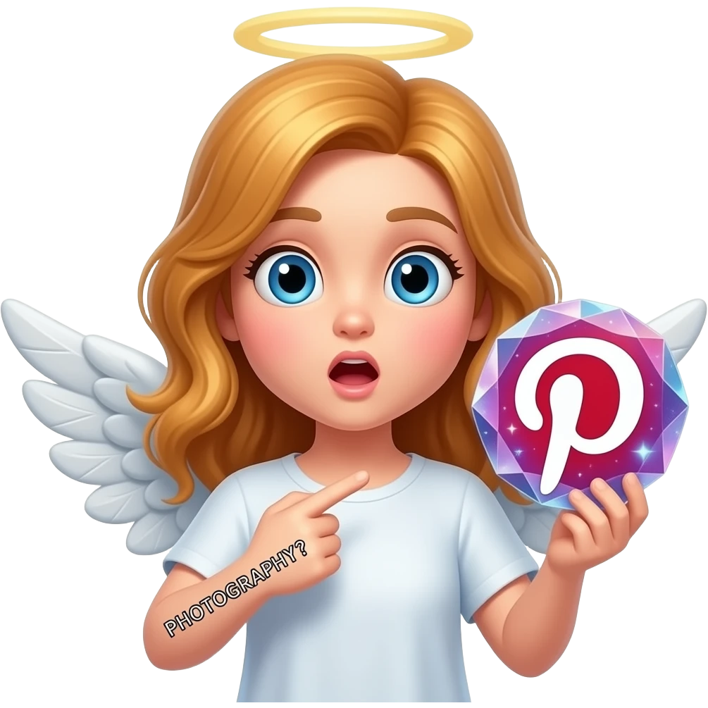 An ethereal blue eyes, glowing amber hair, angel, hand made of starlight holding a crystalline Pinterest logo on the right hand, surprised, pointing at self. A diamond, shining text: 'PHOTOGRAPHY?' on the bellow left hand. Glowing nebula colors, isolated on white, bold 3D icon emoji
