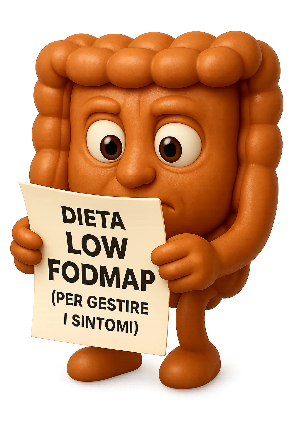 EMOJI STILE IPHONE DI UN INTESTINO UMANO ANATOMICO CHE GUARDA UN FOGLIO CON LA SCRITTA "DIETA LOW FODMAP (PER GESTIRE I SINTOMI)", FAGLI ANCHE LA PARTE BIANCA DEGLI OCCHI, NON SOLO LE PUPILLE, IPERREALISTICO 4K emoji