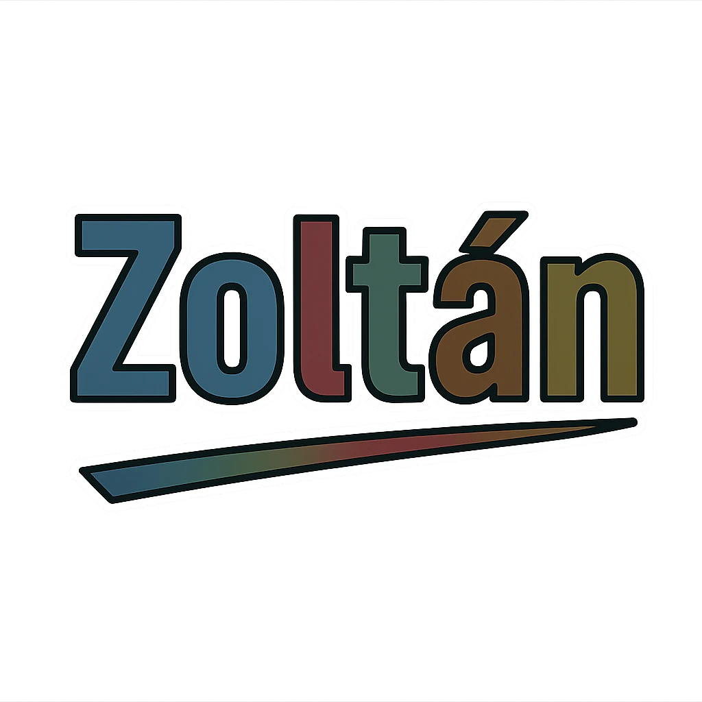 Zoltán name in masculine, modern, gradient font with precise Hungarian characters, dark contour, extra wide and prominent white letter frame as in sample images, dynamic slanted underline, masculine color shades (blue, gray, burgundy, green, brown), 1000x1000 px, PNG, transparent background emoji