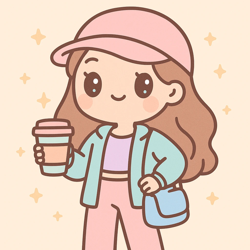 influencer girl, chic streetwear, holding a coffee cup, confident pose, pastel colors, kawaii style emoji