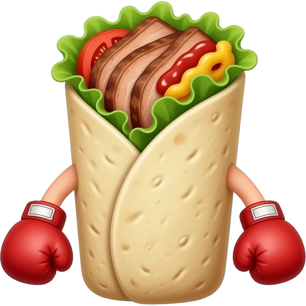 Doner kebab emoji in an open flatbread (not wrapped like a dürüm), visible filling with layered meat slices, lettuce, tomato and sauce, bread folded but open at the top, small boxing gloves, no arms or legs, clean glossy emoji style emoji