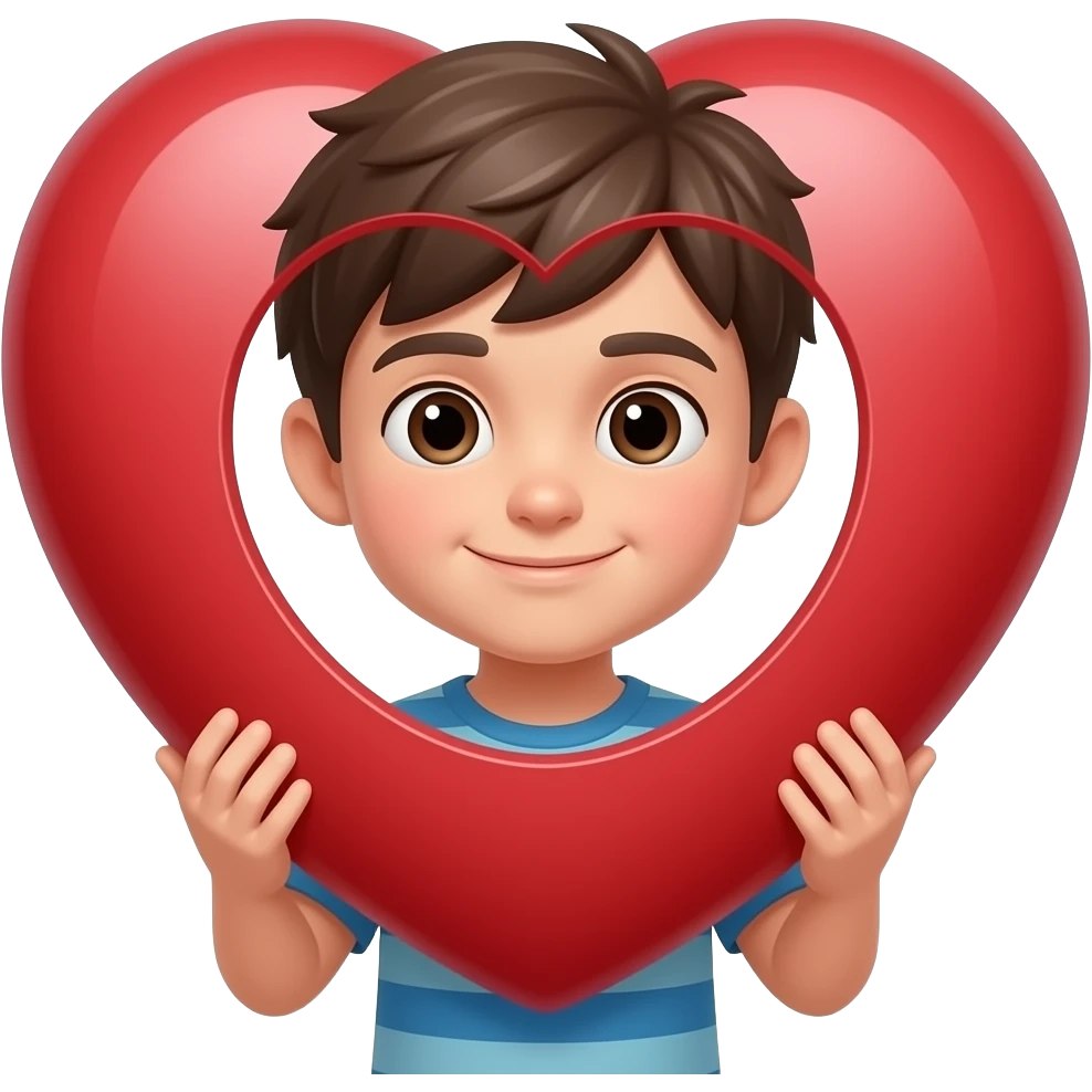 Boy holding the half of a heart emoji
