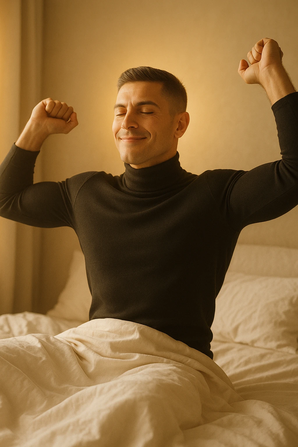 A cinematic photo of a man stretching in bed just after waking up, the morning sunlight flooding the room. His skin glows slightly, expression rested and serene. Muscles subtly defined, energy flowing through his posture. The air is filled with a golden calm. A symbolic glow surrounds his head and chest, representing mental clarity and physical recovery. The scene is clean, natural, minimalist. Rich in textures and realistic warmth. emoji
