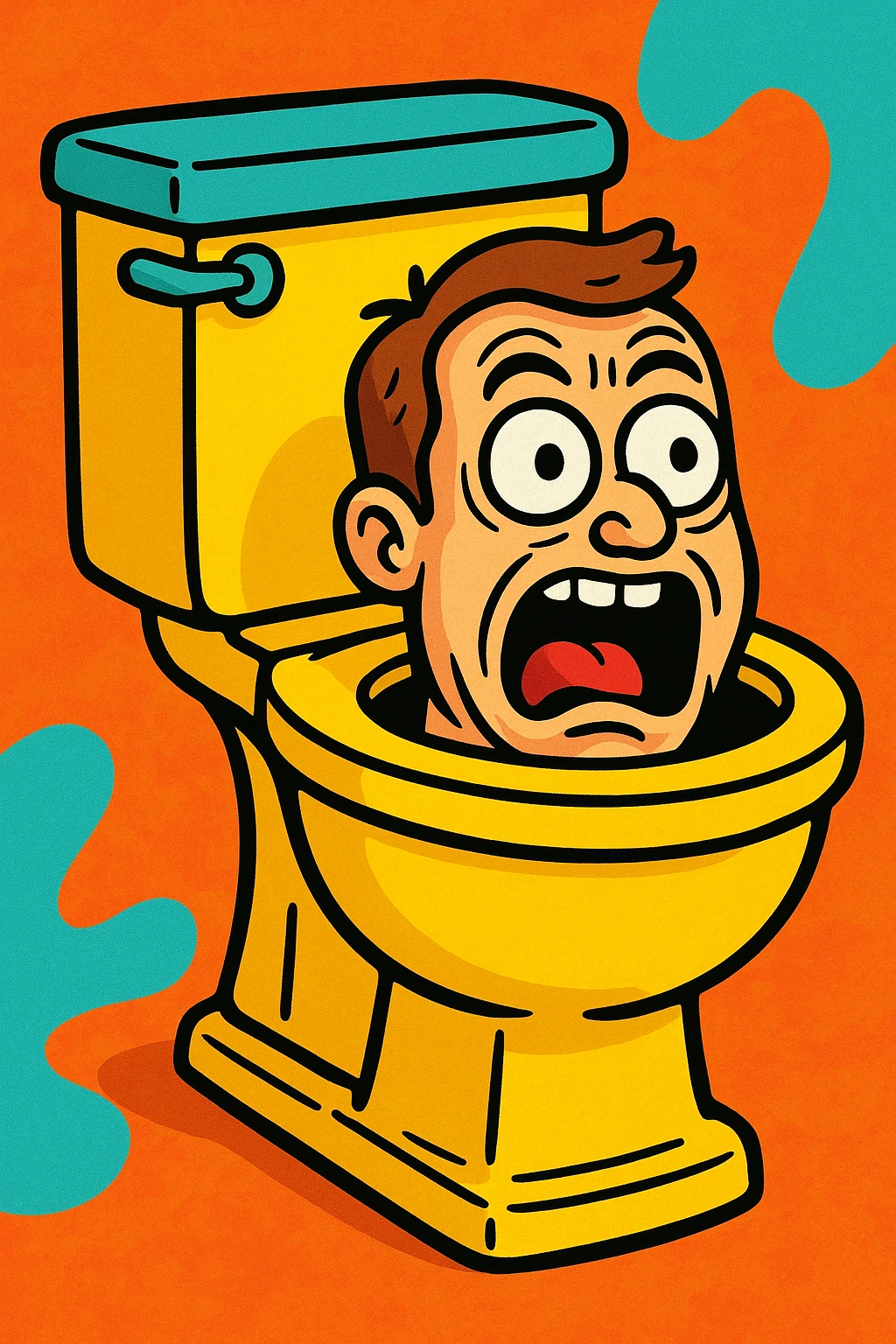 Skibidi Toilet style toilet with a human head peeking out from inside, funny expression, bright colors, cartoon style emoji