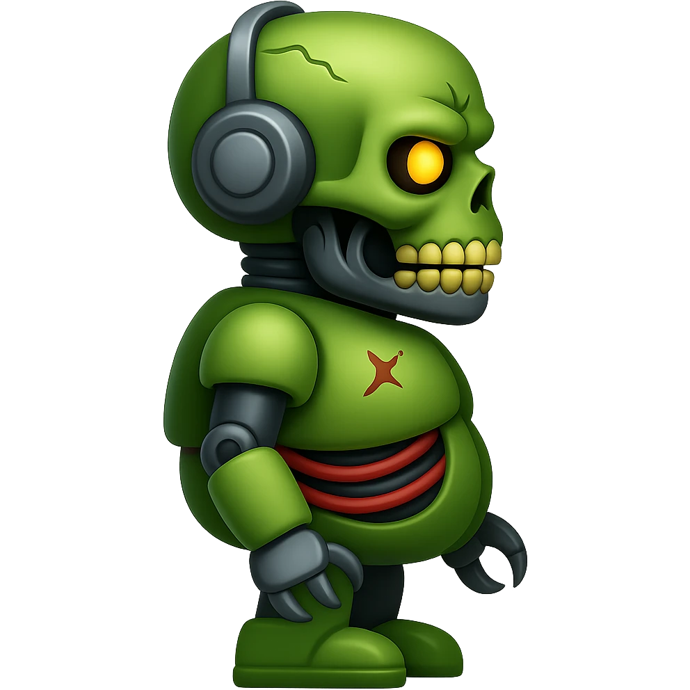 Create a fat zombie robot terminator in apple emoji style, side view, with no background. The style should mimic apple style emojis with no background. emoji