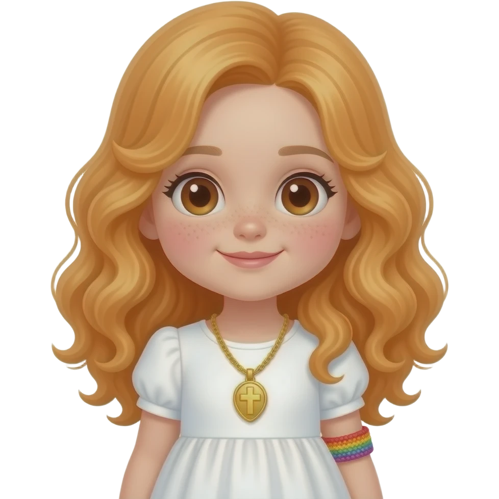 little girl with pale skin, pink cheeks, waist length tight curls, oranegish warm blond hair, big brown eyes, dimples, white dress, small golden locket with a cross engraved onto it, and a rainbow crocheted bracelet on her wrist. emoji