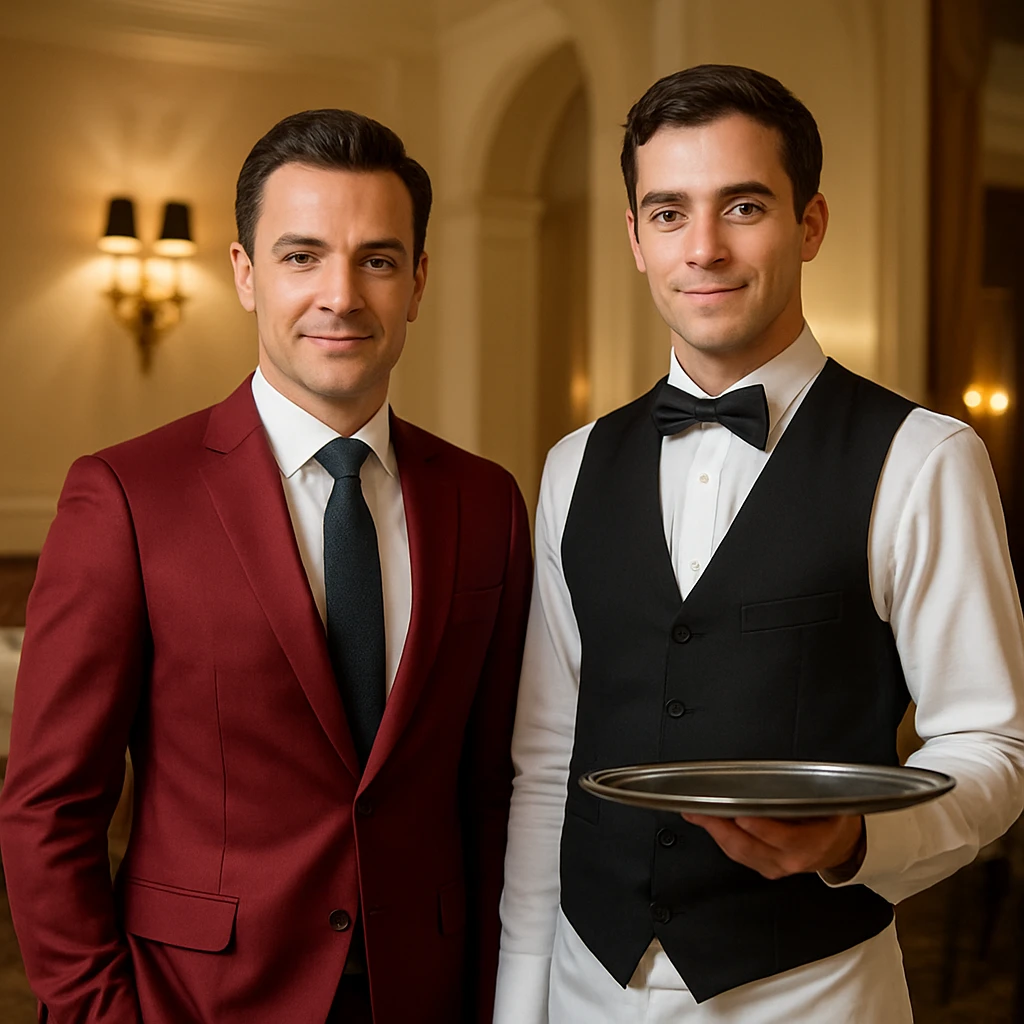 A businessman in a crimson suit with a waiter emoji