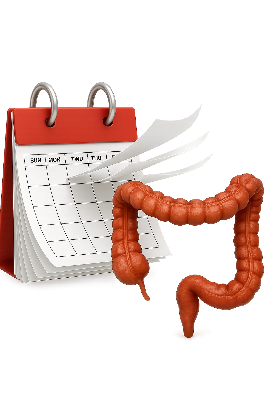 emoji stile iphone di un calendario con fogli che volano insieme a pezzi anatomici di colon umano, iperrealistico 4k, isolato su sfondo bianco emoji