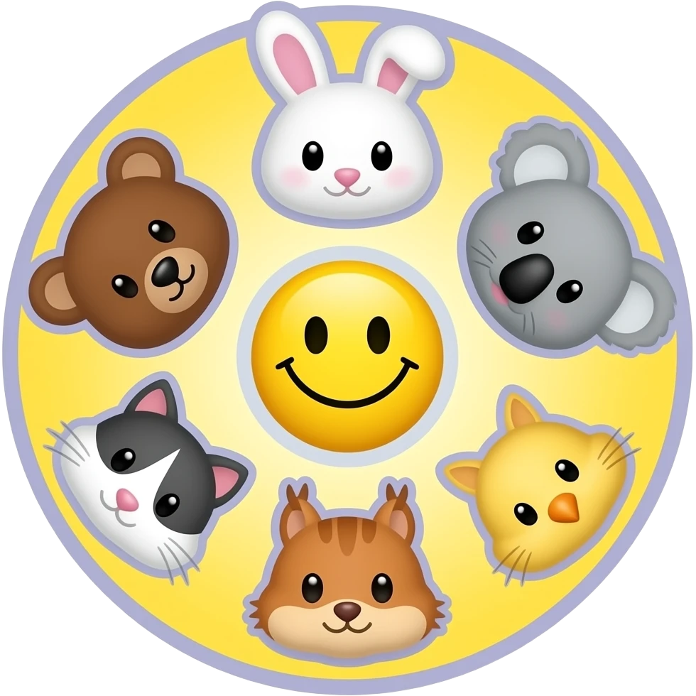Smaller Yellow Smiley in the centre, circle form ,serrounded by the head only of these symbol small size 🐻🐰🐨🐈🐹🐿🐥, with bright yellow and background, light purple outline emoji