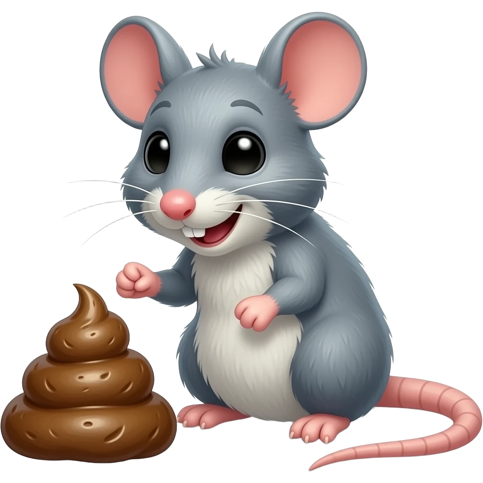 A rat looking at a piece of poop, with delighted face that looks goofy emoji