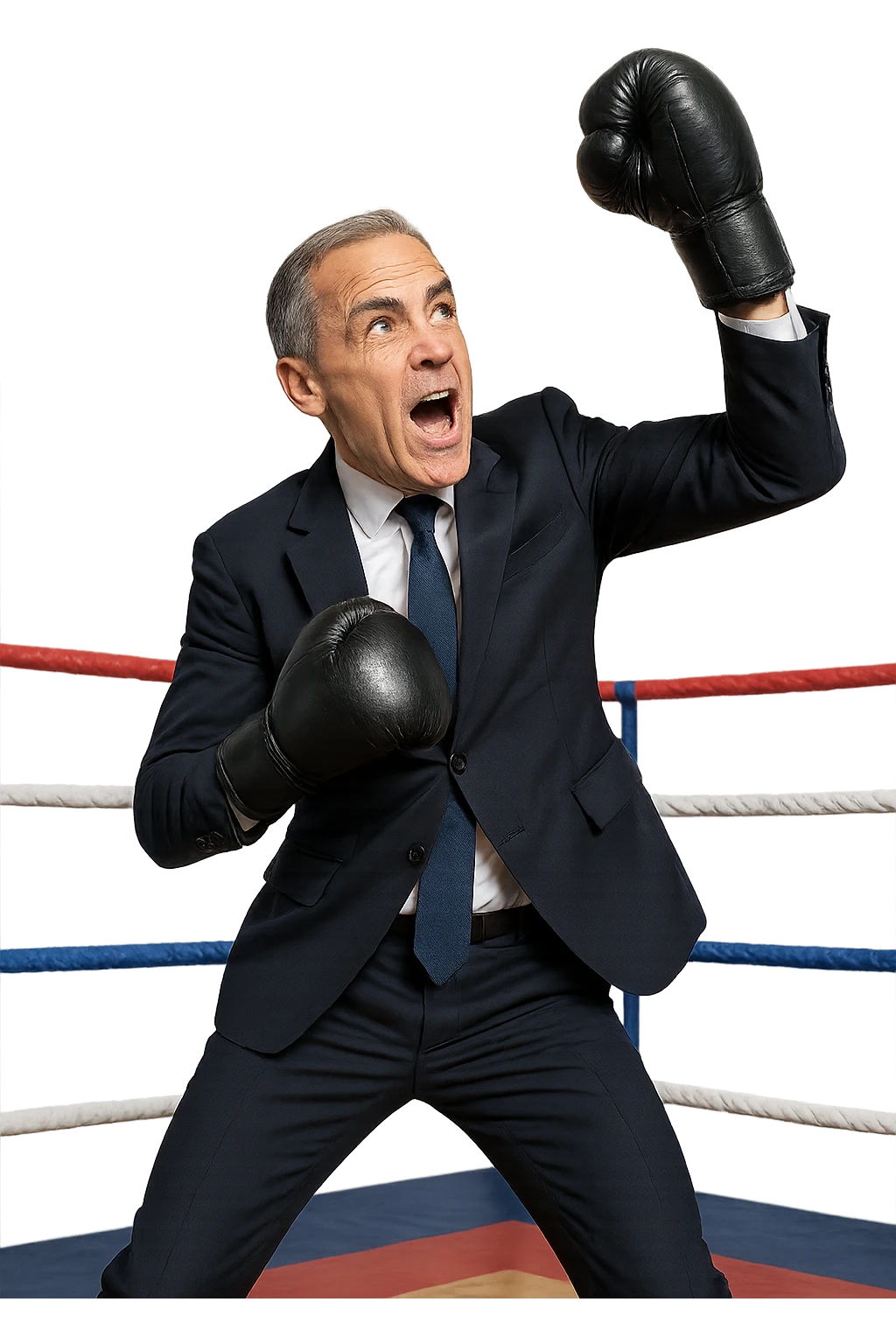 Mark Carney, former Bank of England governor, performing a classic boxing uppercut, energetic pose, gloves up, in a boxing ring, expressive face, business attire with boxing gloves, dynamic action, clear background emoji