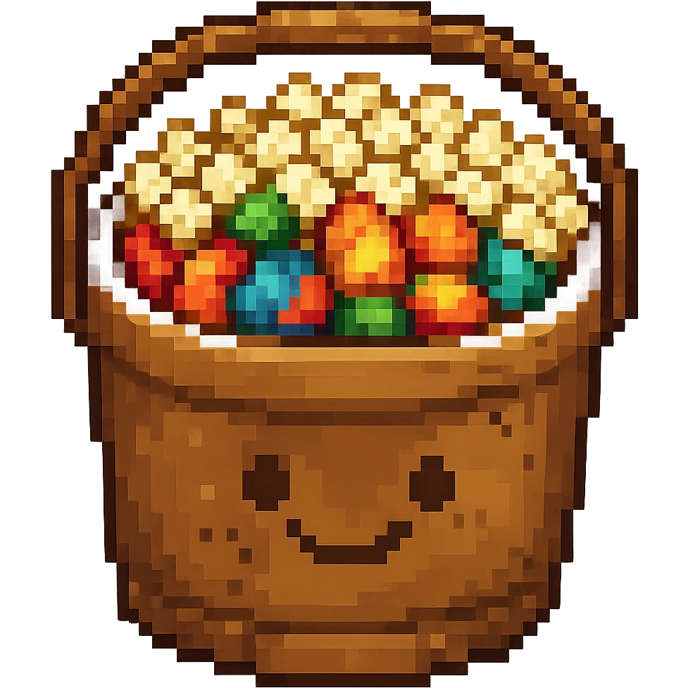 Add popcorn to the snacks bucket emoji in pixel art style with no background, maintaining the pixel art style look and feel. emoji