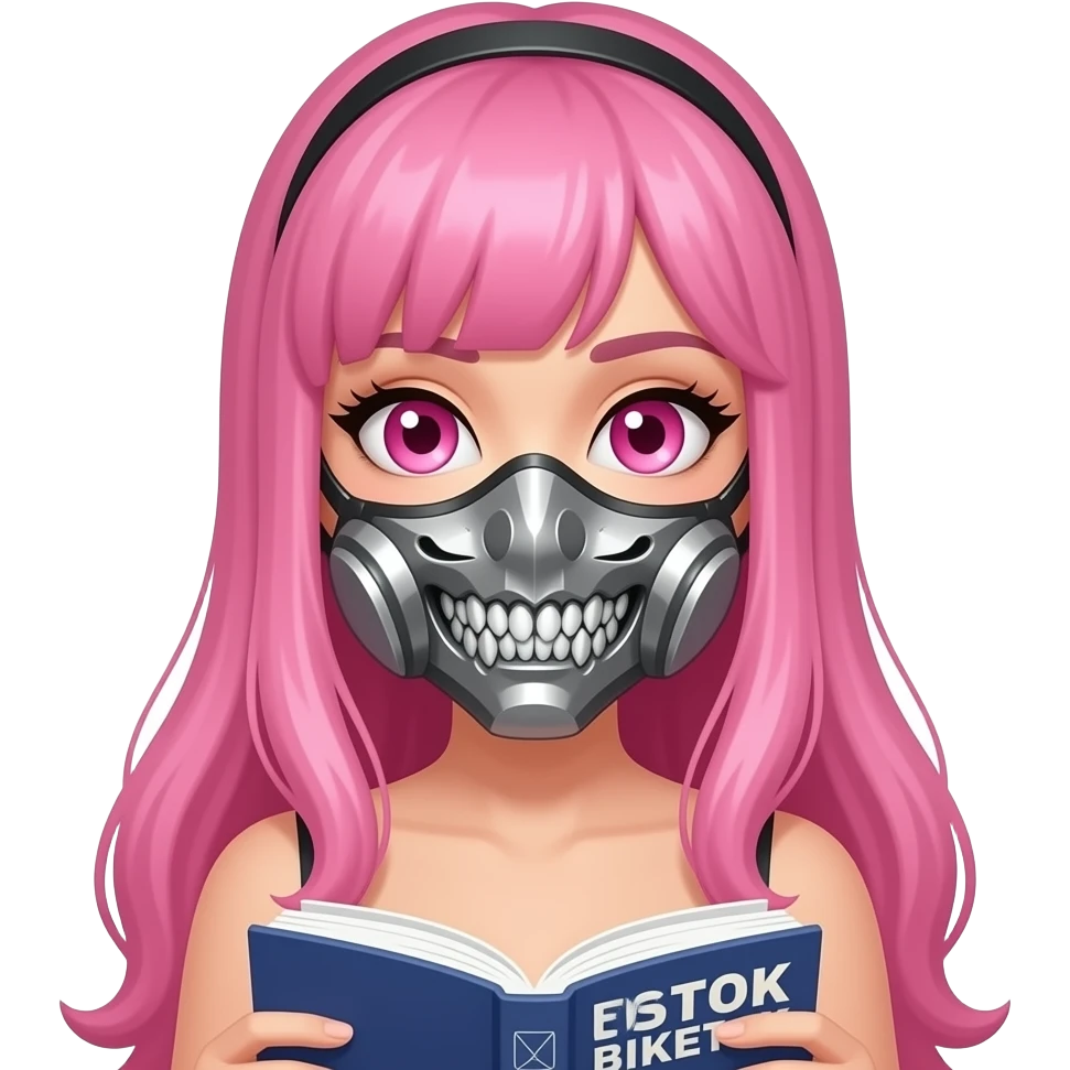 sexy girl with long pink hair and pink eyes holding a BOOKTOK BIKETOK MASKTOK emoji