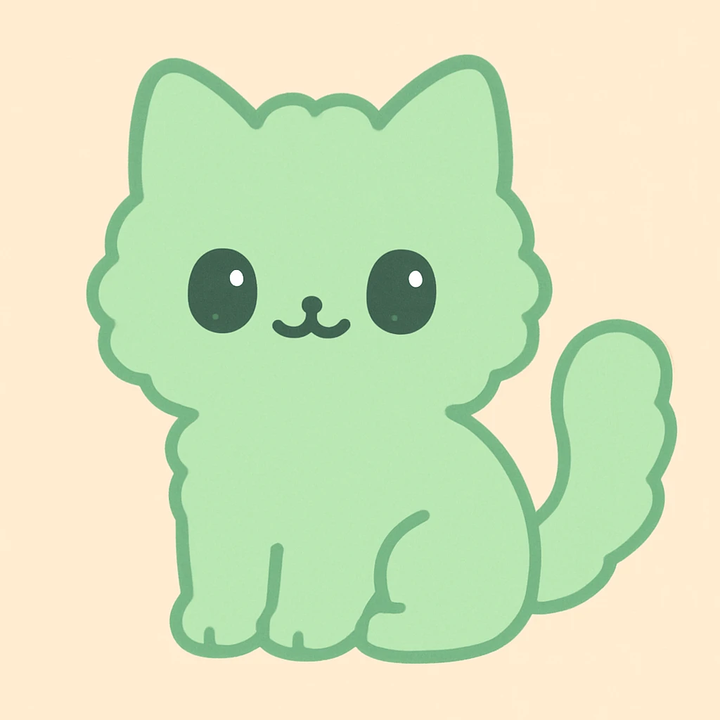 green fuzzy cute cat, sitting, fluffy tail, round face, kawaii style, minimal background emoji