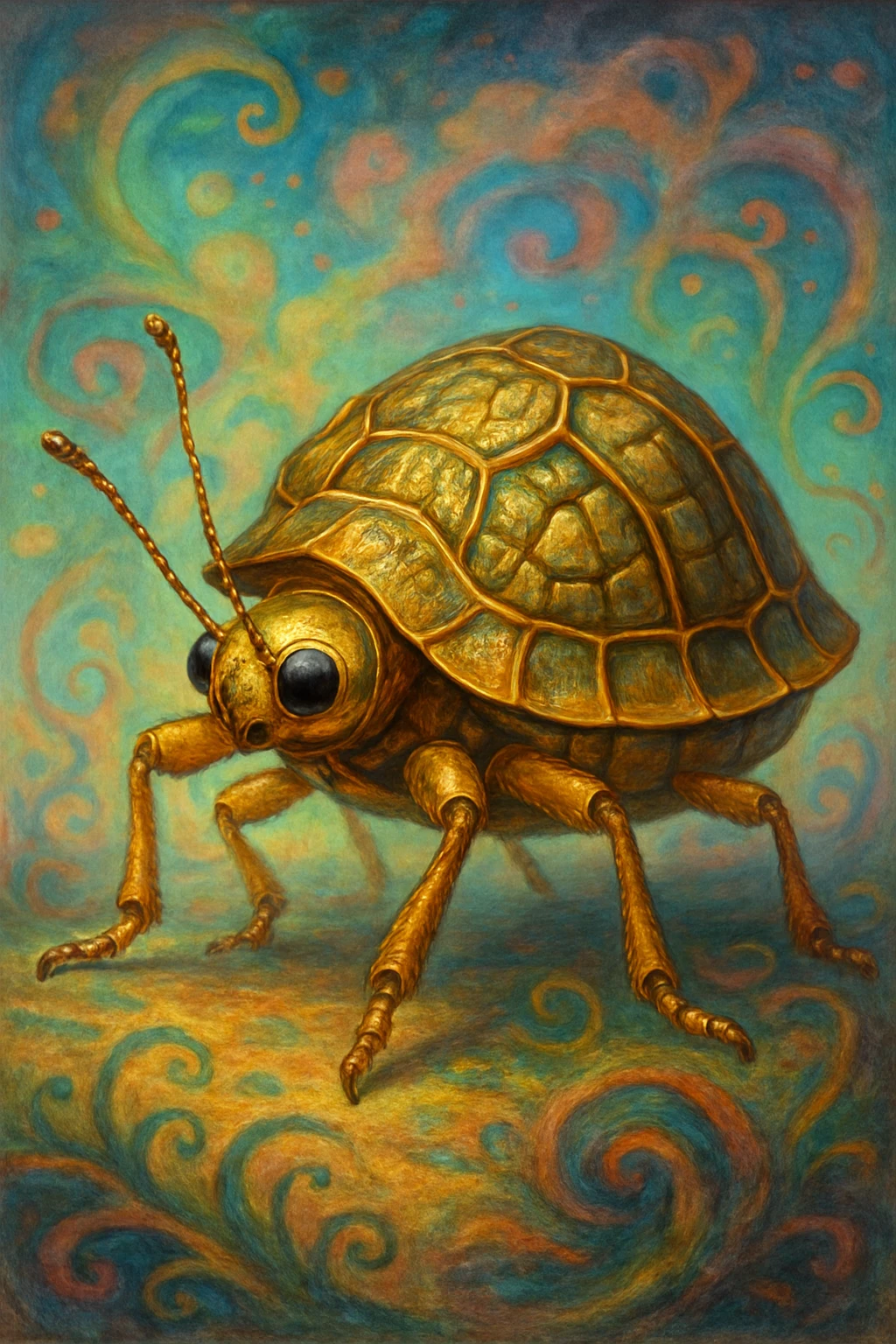 Golden Tortoise Beetle with a tortoise shell-like carapace, bizarre and fantastical surreal art style emoji
