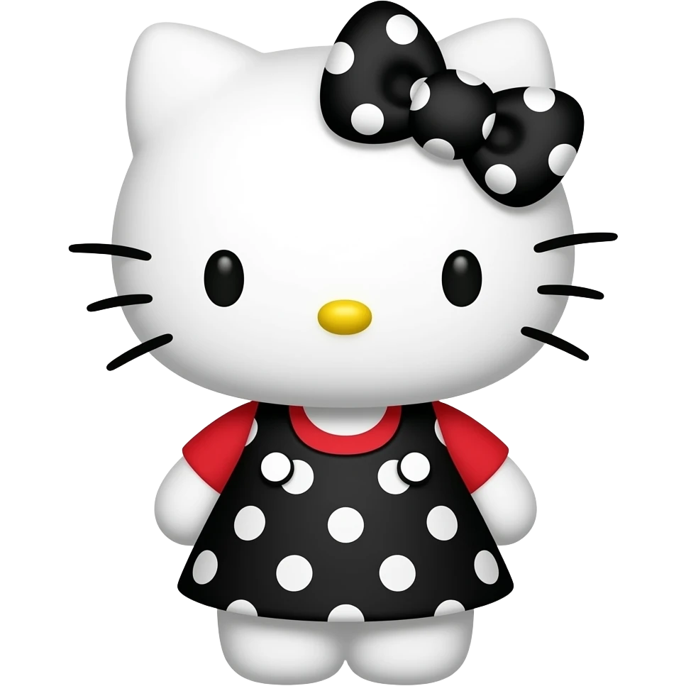 hello kitty wearing black with white polka dots skirt and a red shirt with a black with white polka dots bow emoji