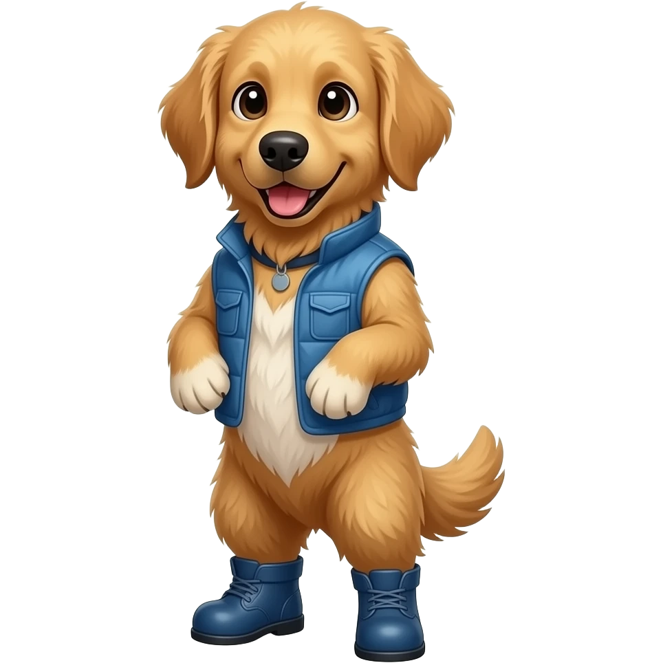 Make me a yellow and brown dog, a golden retriever, with floppy ears, that stands on two legs, has a white patch on its chest, wears a blue vest and boots Draw it in a cute cartoon style. emoji