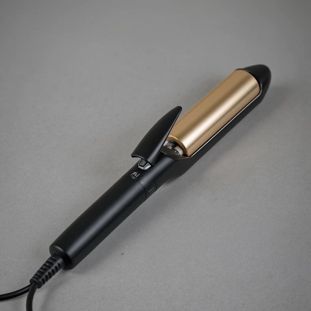 realistic curling iron, slightly open, black base, gold plates, electrical cord emoji