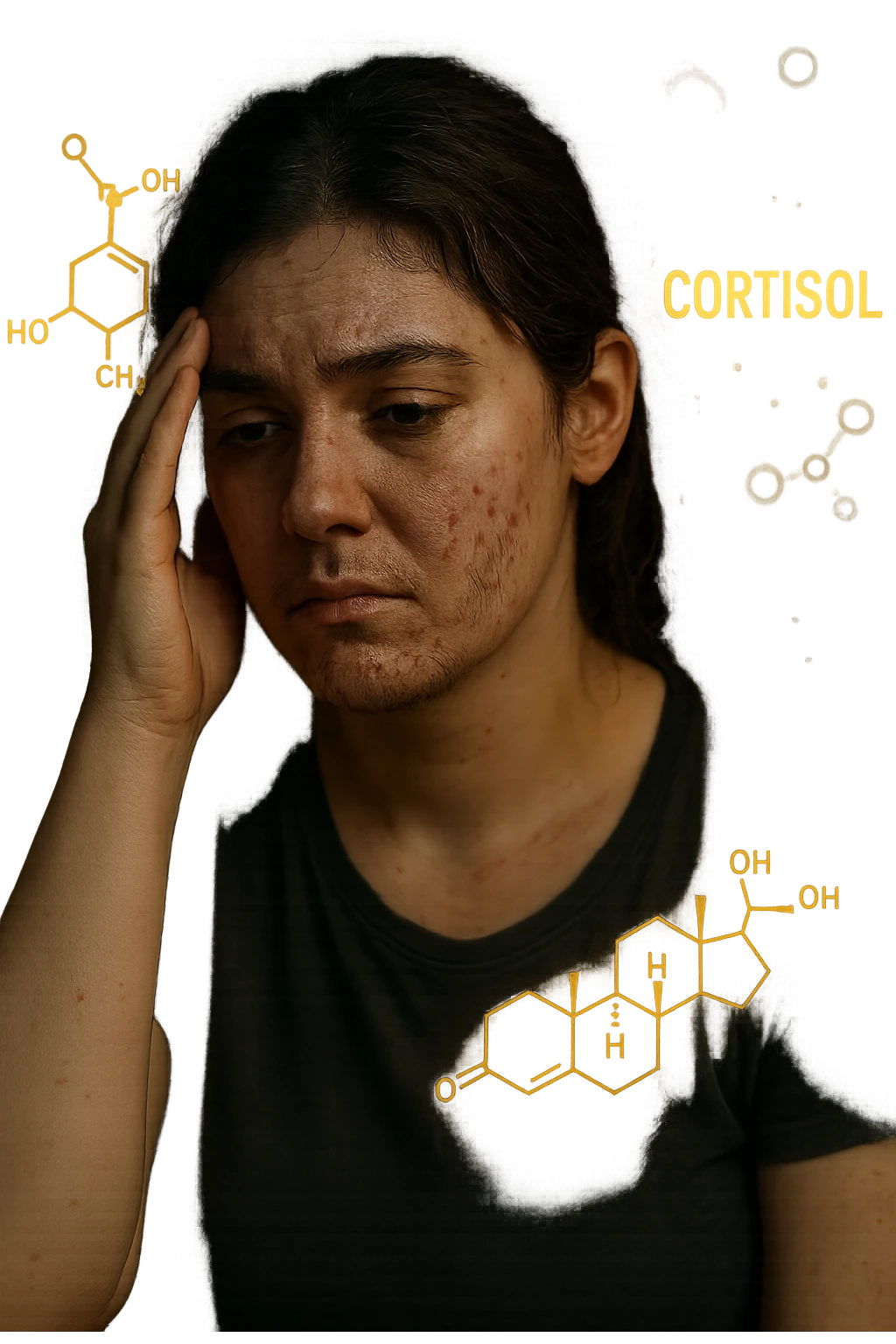 realistic and cinematic image of a woman with PCOS and elevated cortisol, showing stress, insomnia, tiredness, acne, hirsutism, visual elements representing cortisol hormone, no background, 2:3 aspect ratio emoji