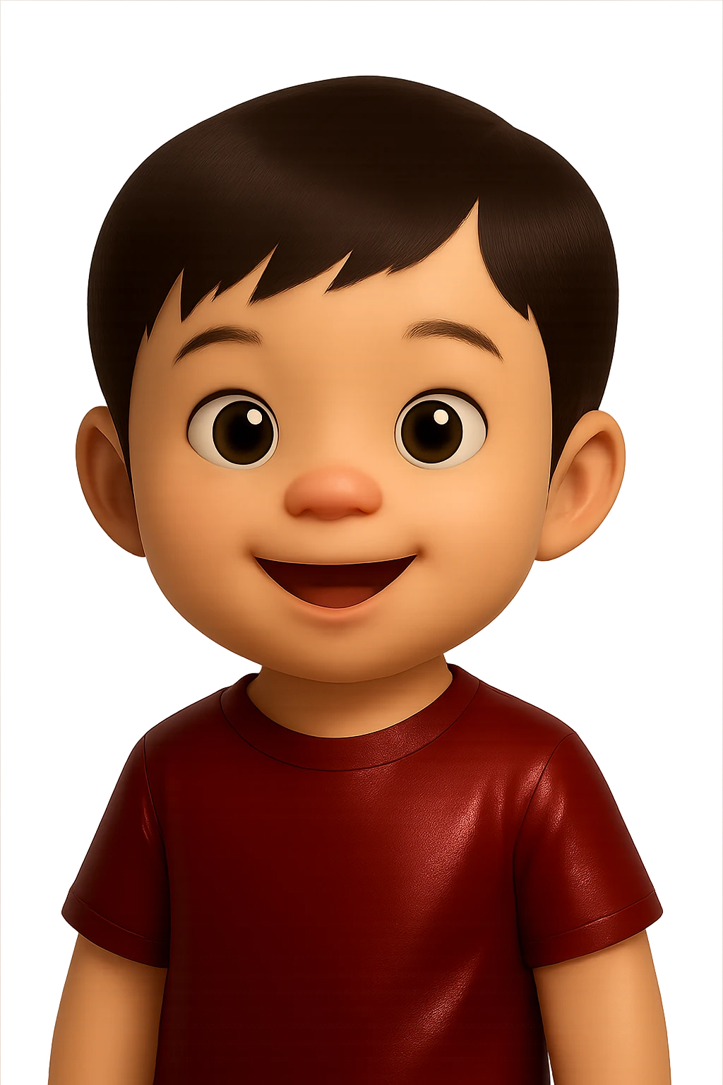 Edit the cute Asian baby boy emoji by changing the shirt to dark red while keeping the rest unchanged. Use a soft glossy texture and make it about 80% realistic. No background. emoji