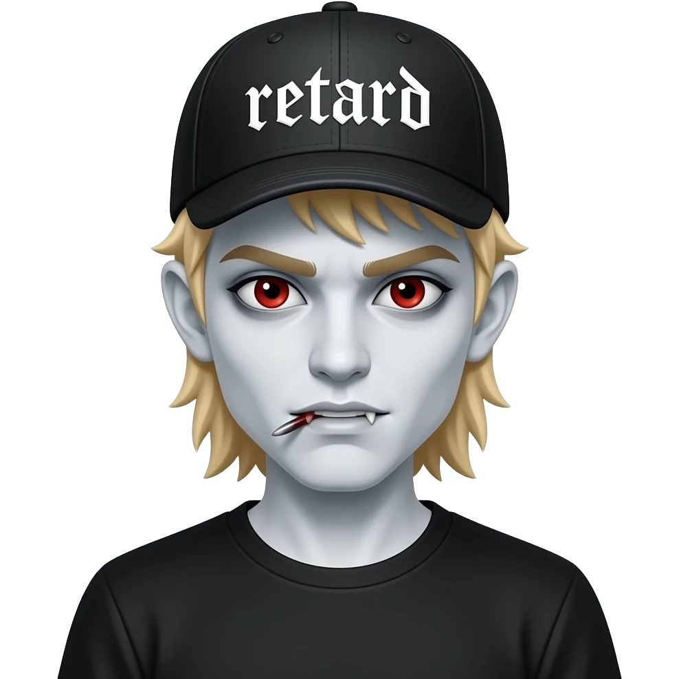 Make an vampire with cap on his head and text on cap “retard” vampire has blond hair and white skin blood eya and wolf cut make it like iphone emojji blunt in his mouth and text more like instagram sharp make his hair longer to ears and delete the costume just black t shirt more like 🧛emojji emoji