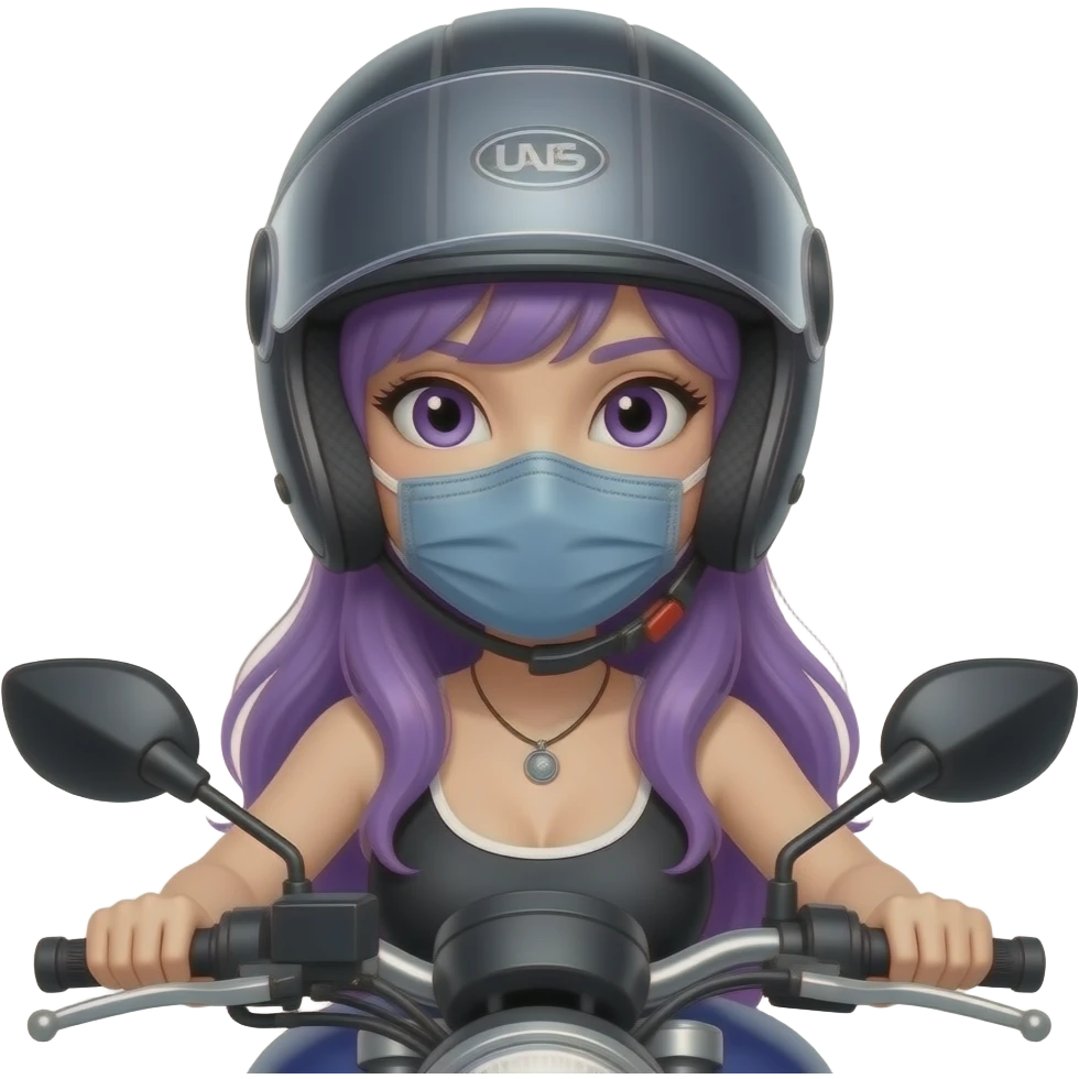 sexy girl with long purple hair on a motorcycle and wears a helmet with a mask emoji