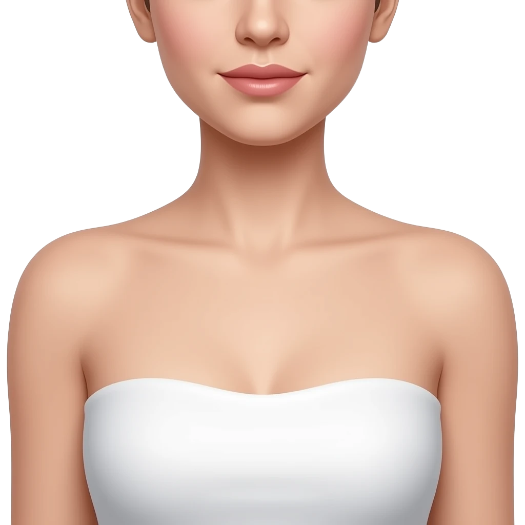 Cropped beauty shot of a woman’s neck, shoulders, and collarbone area, only the lower neck downward visible, no lips, no chin, no face, no head in frame, wearing a strapless white top, smooth glowing skin, soft studio lighting emoji