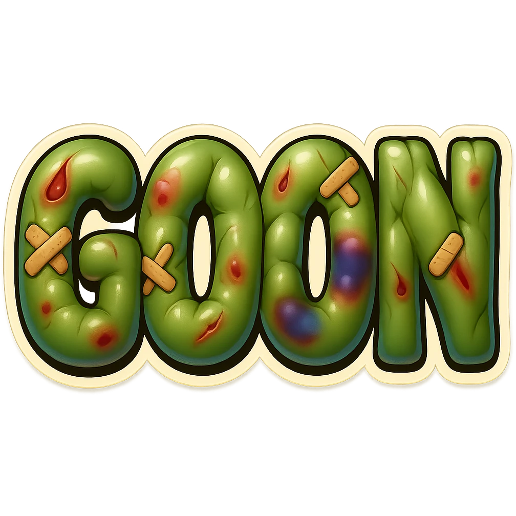 The word GOON with amorphous, glossy, blobby muscle shapes under the skin, featuring criss-crossed bandages, red and blue bruises, and dramatic cartoon wounds. Retro sticker style, no background. emoji