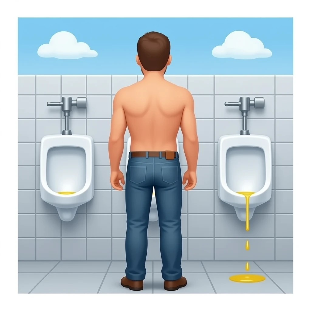 Erstelle ein Bild von einem öffentlichen WC, ein Mann von hinten steht vor einem urinal und oben vorn aus seiner Hose kommt ein gelber dünner Wasserstrahl der in das urinal trifft emoji