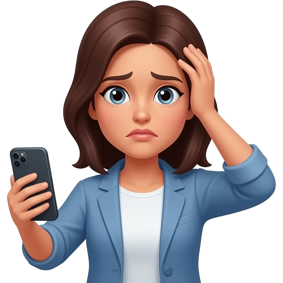 woman worried looking at phone with hand on head emoji