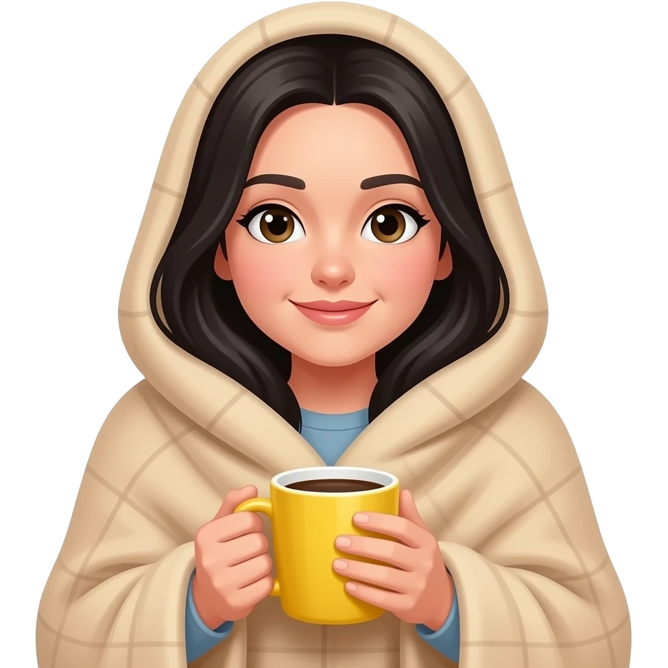 A white cute woman with black hair, with a beige blanket and a coffee in a very cozy yellow mug, in iPhone emoji style emoji