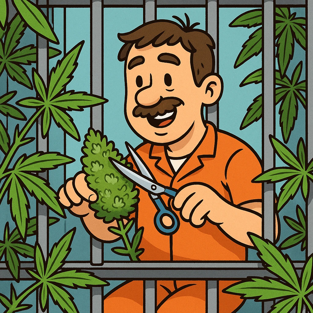 Cartoon-style man inside a jail cell, holding scissors and trimming cannabis buds, with visible bars and cannabis leaves. emoji