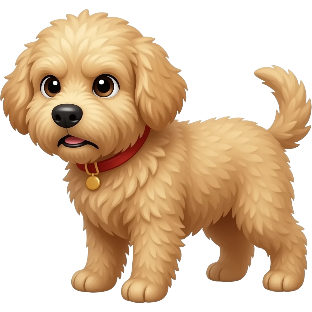 large goldendoodle, light tan, with a look of annoyance and judgement wanting food emoji