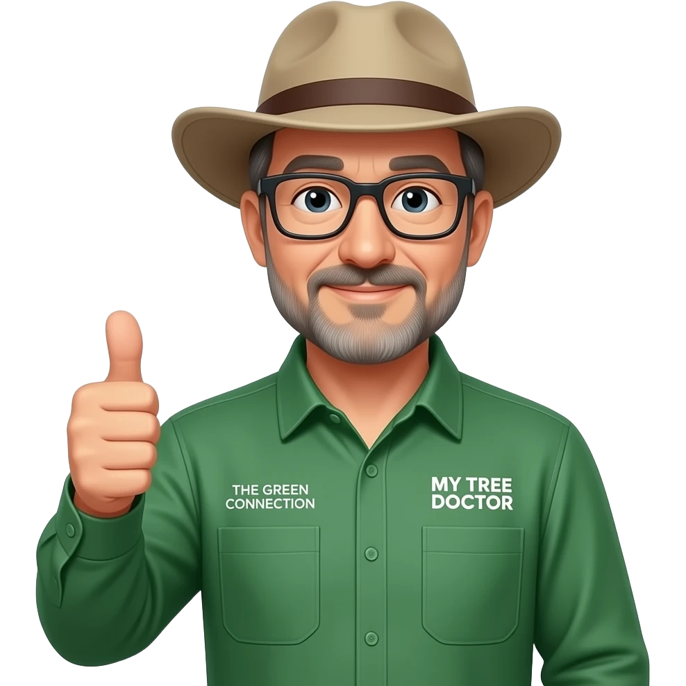 middle-aged man aged 50. Dark-rimmed rectangle glasses, in a green-collared, long-sleeve shirt.  Flatter wide-brim Akubru hat. Giving a thumbs up. Insert 'THE GREEN CONNECTION' in white directly onto the left pocket & onto the right pocket, place 'MY TREE DOCTOR' emoji