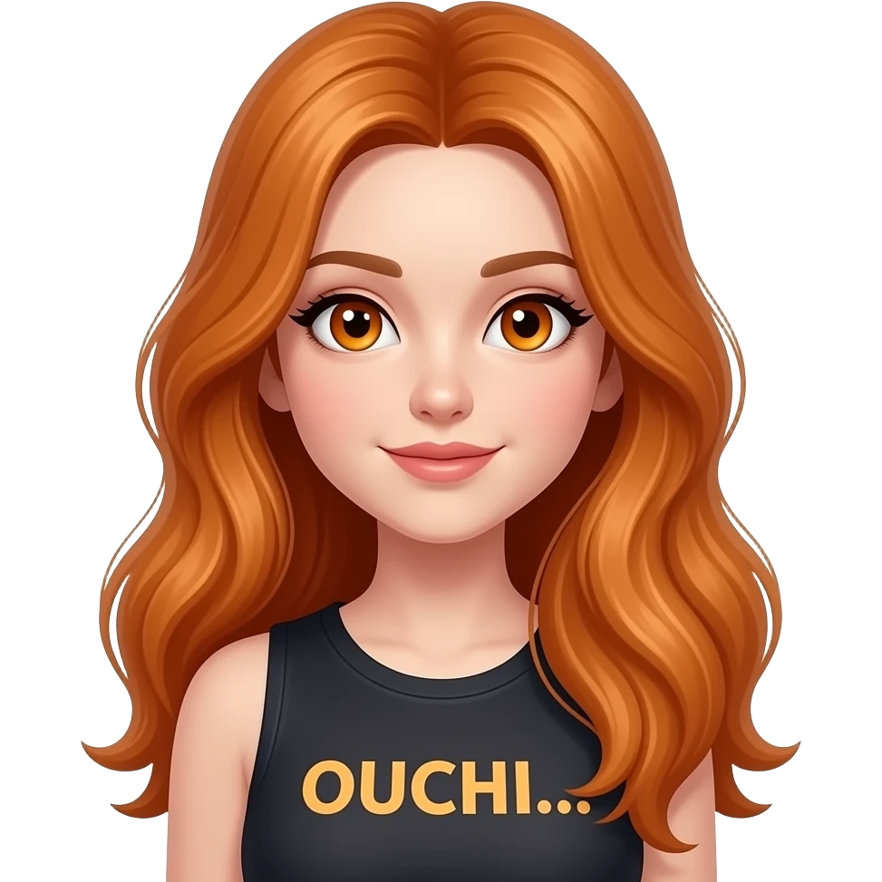 sexy girl with overlong ginger hair and ginger eyes a top with OUCHI... written on it emoji