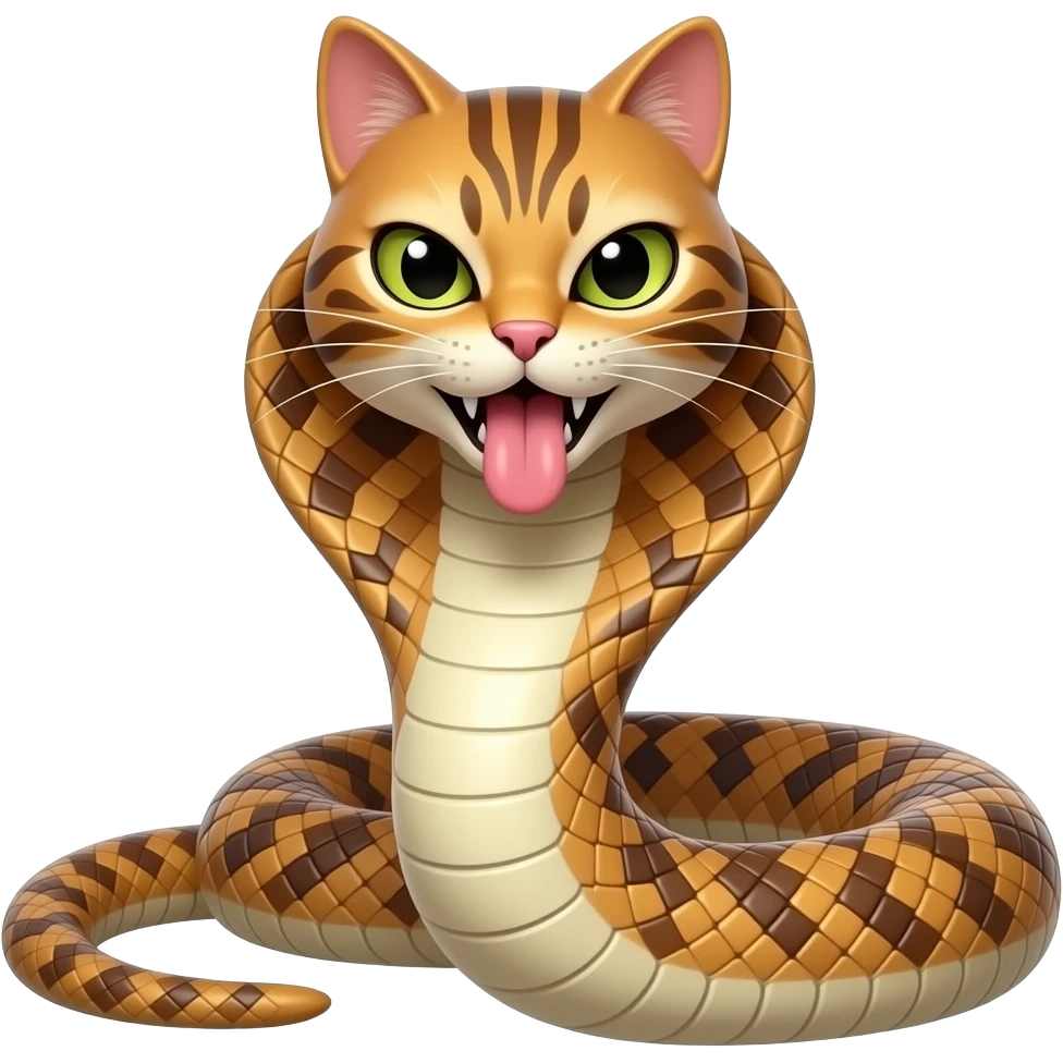 body of a cobra and the head of a angry kitty hybrid with the tounge hanging out emoji