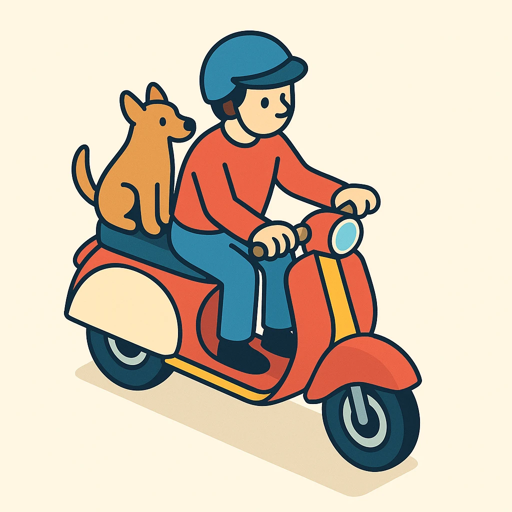 man and his pet dog riding a vespa emoji