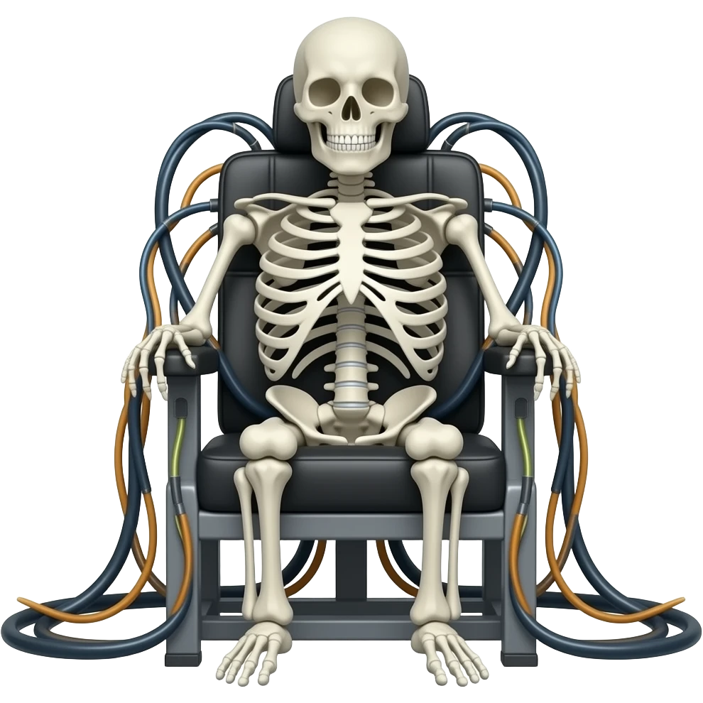 A high-tech electric chair frontal made of electric wires and cables with rubber scales that reveal its electric skeleton emoji