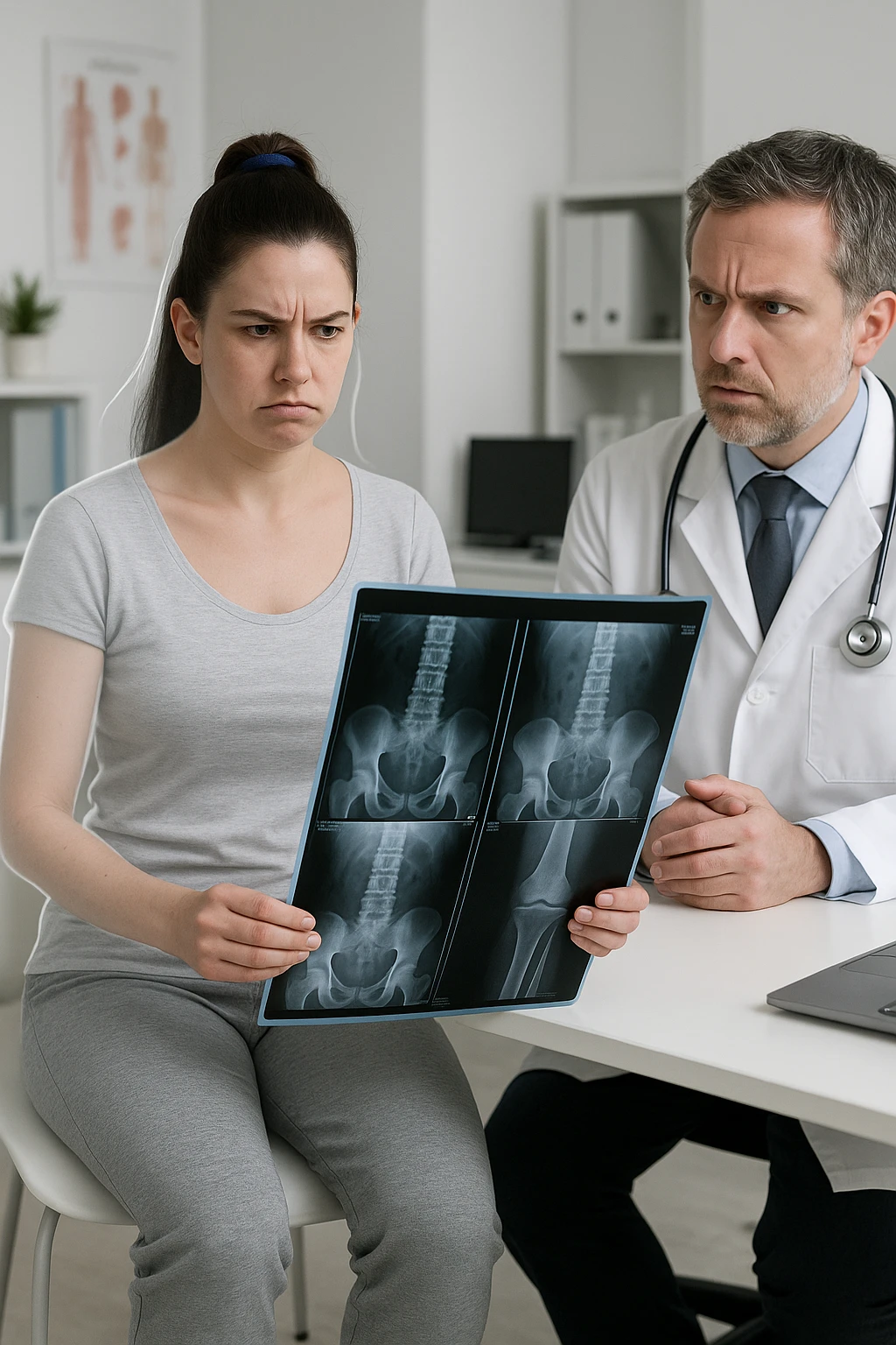 a person sits in a doctor’s office, holding medical imaging results (like X-rays or MRI scans) that appear normal. However, a subtle shadow or ghosted outline around their body reveals postural asymmetries—such as uneven shoulders or hips—that are not visible in the scans. The doctor looks puzzled, while the patient appears frustrated. emoji