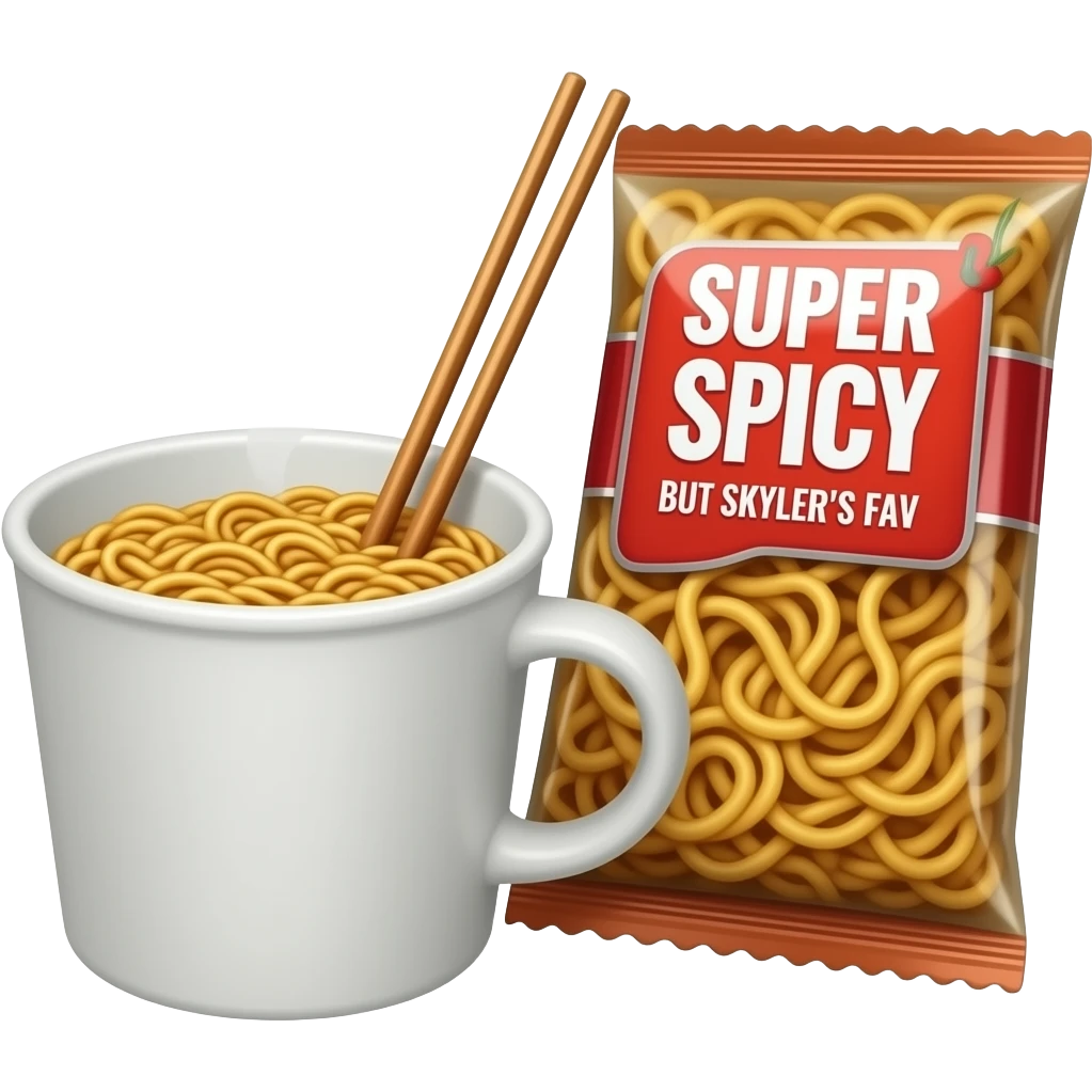 Spicy chicken Noodles in a cup with chopsticks and The package says SUPER SPICY BUT SKYLARS FAV! emoji