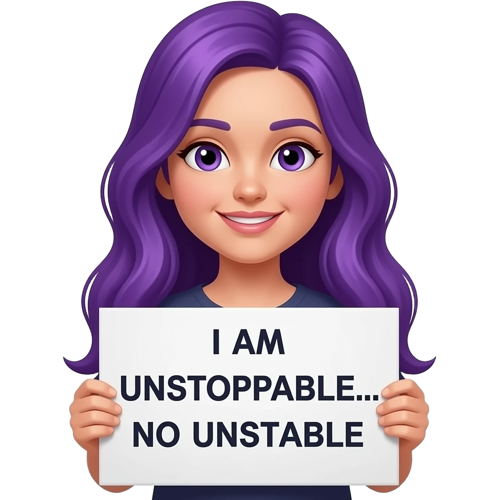 girl with long purple hair with a I AM UNSTOPPABLE... NO UNSTABLE sign emoji