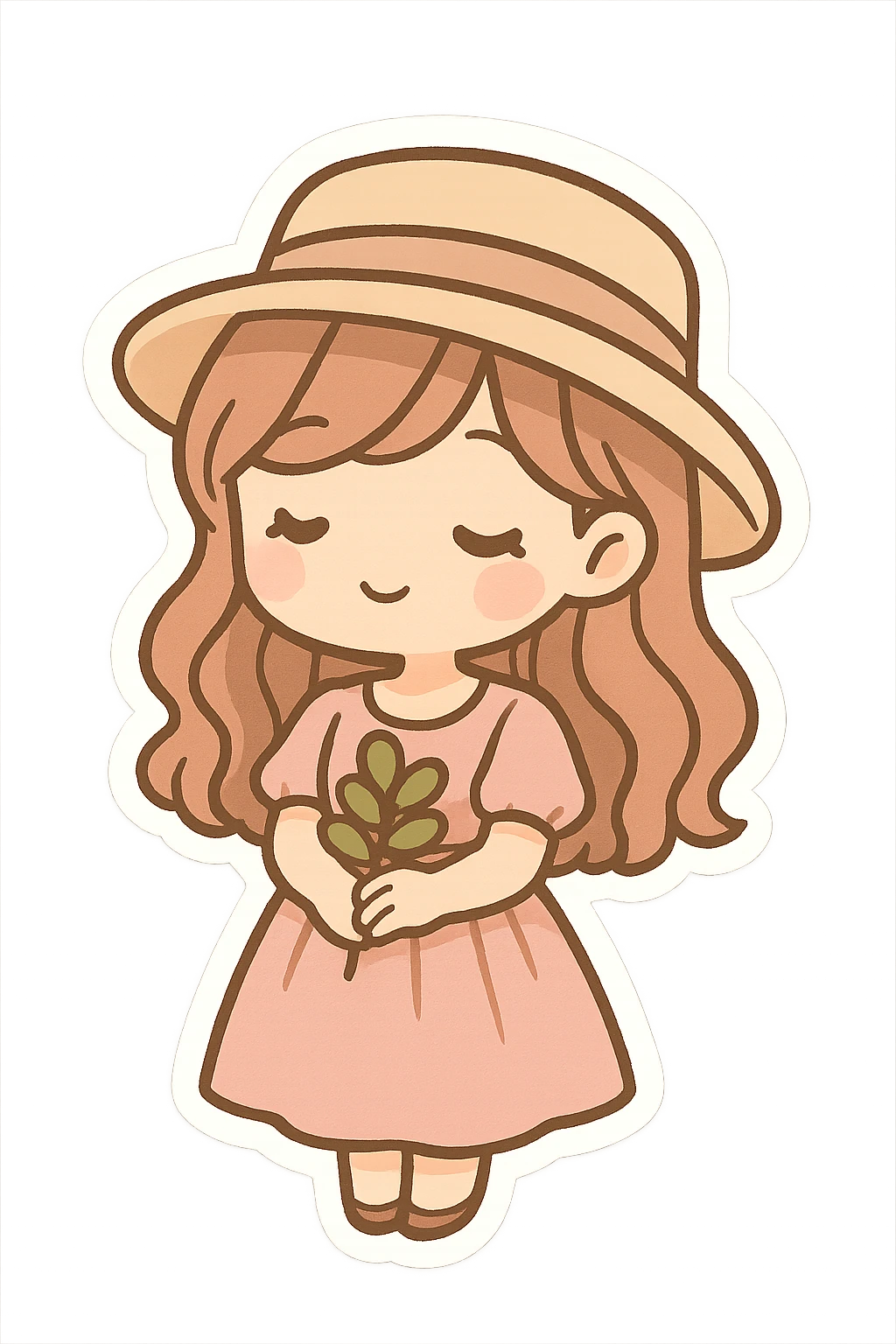A cute and minimalist sticker of a girl with a beige hat, elegant and girly mood, color palette includes pink, beige, and green. emoji