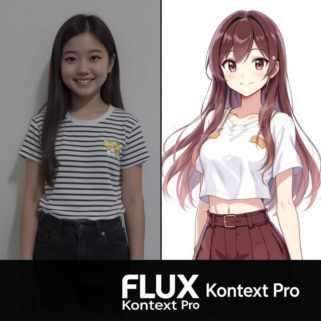 create before after image of a girl before is realsitic photo, after is anime version of her in same pose and clothes, add logo with text of a "FLUX Kontext Pro" emoji