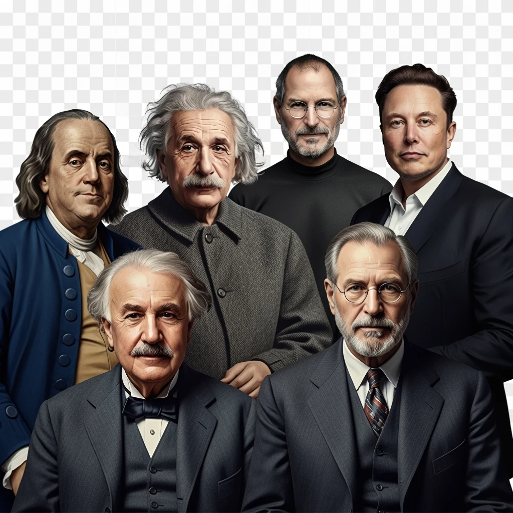 Generate in realistic style Franklin, Edison, Ford in the first row, Einstein, Jobs and Musk in the second behind them. png on transparent background emoji