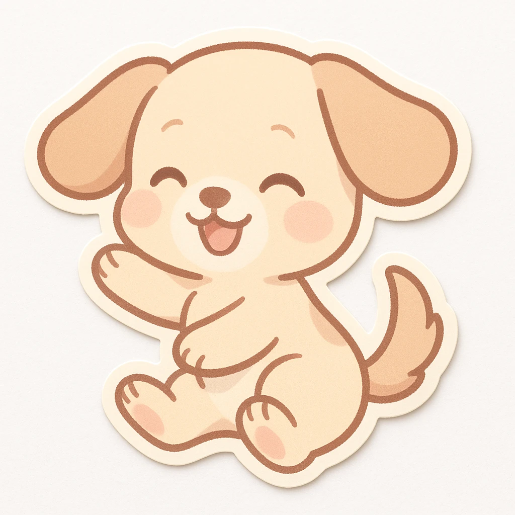 chibi sticker of a smiling dog with floppy ears, playful pose, pastel colors, white background emoji