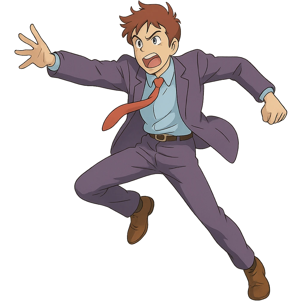 guy in a purple suit, dynamic pose, ghibli style, soft shading, expressive emoji