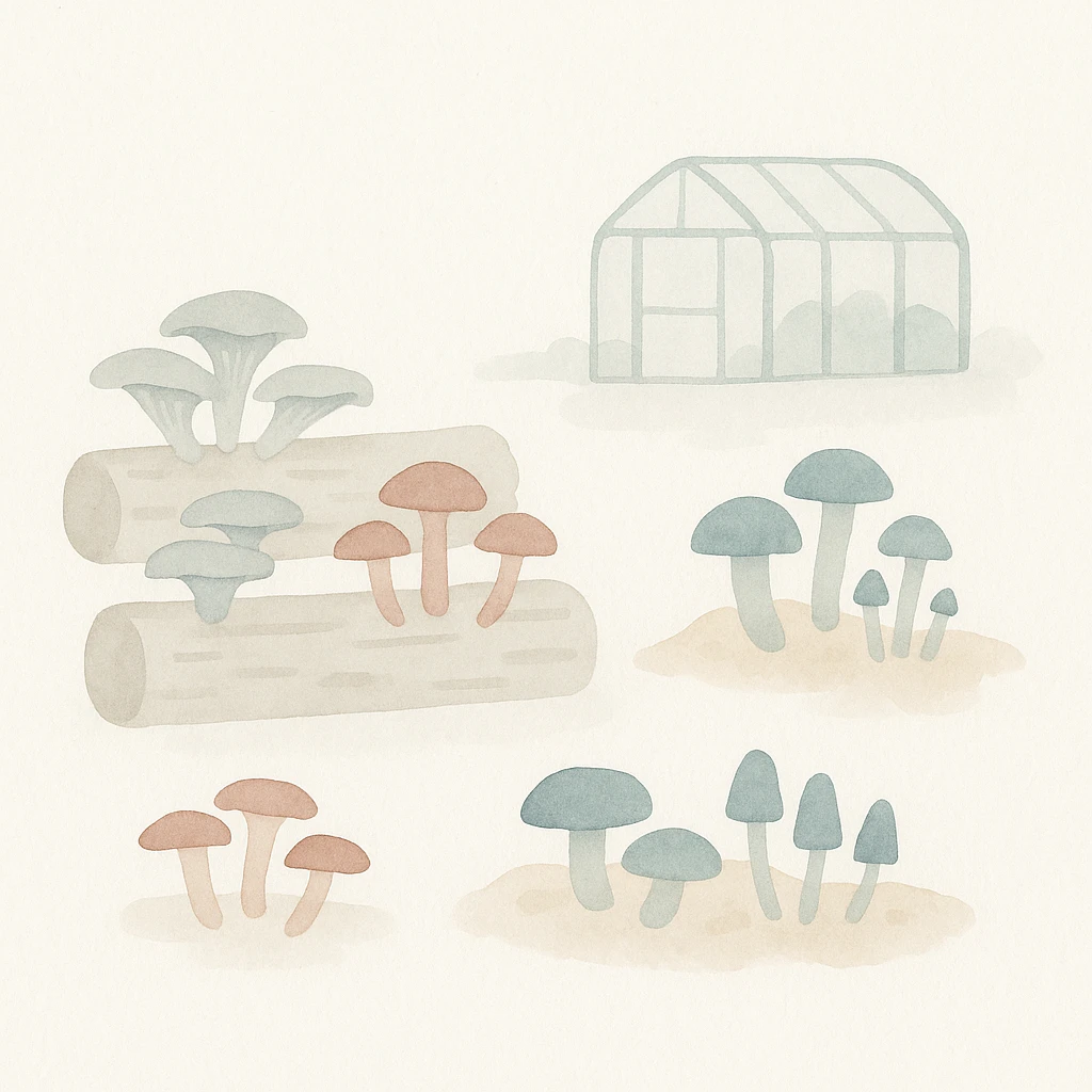 fungi farm with various mushrooms cultivated on wooden logs and soil beds, small greenhouse in the background, watercolor illustration style emoji