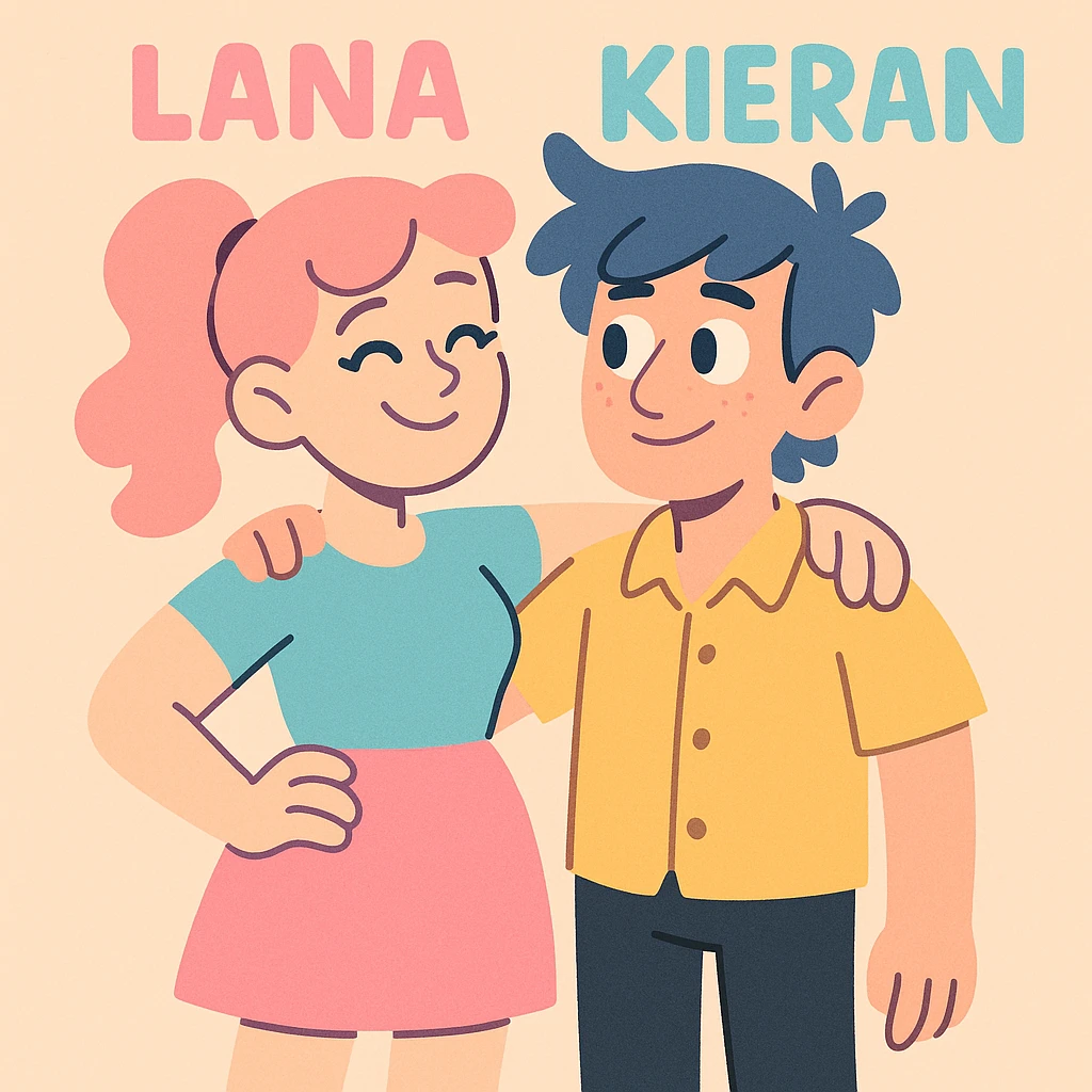 Lana and Kieran as a couple, standing together, in a soft pastel illustration style emoji