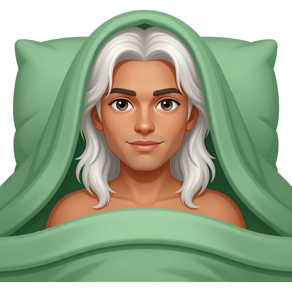 Snuggled beneath blankets around head, Medium dark, olive, Really long white hair past the shoulders, tanned, clean-shaven young man with long white hair covered in like green duvet in bed emoji