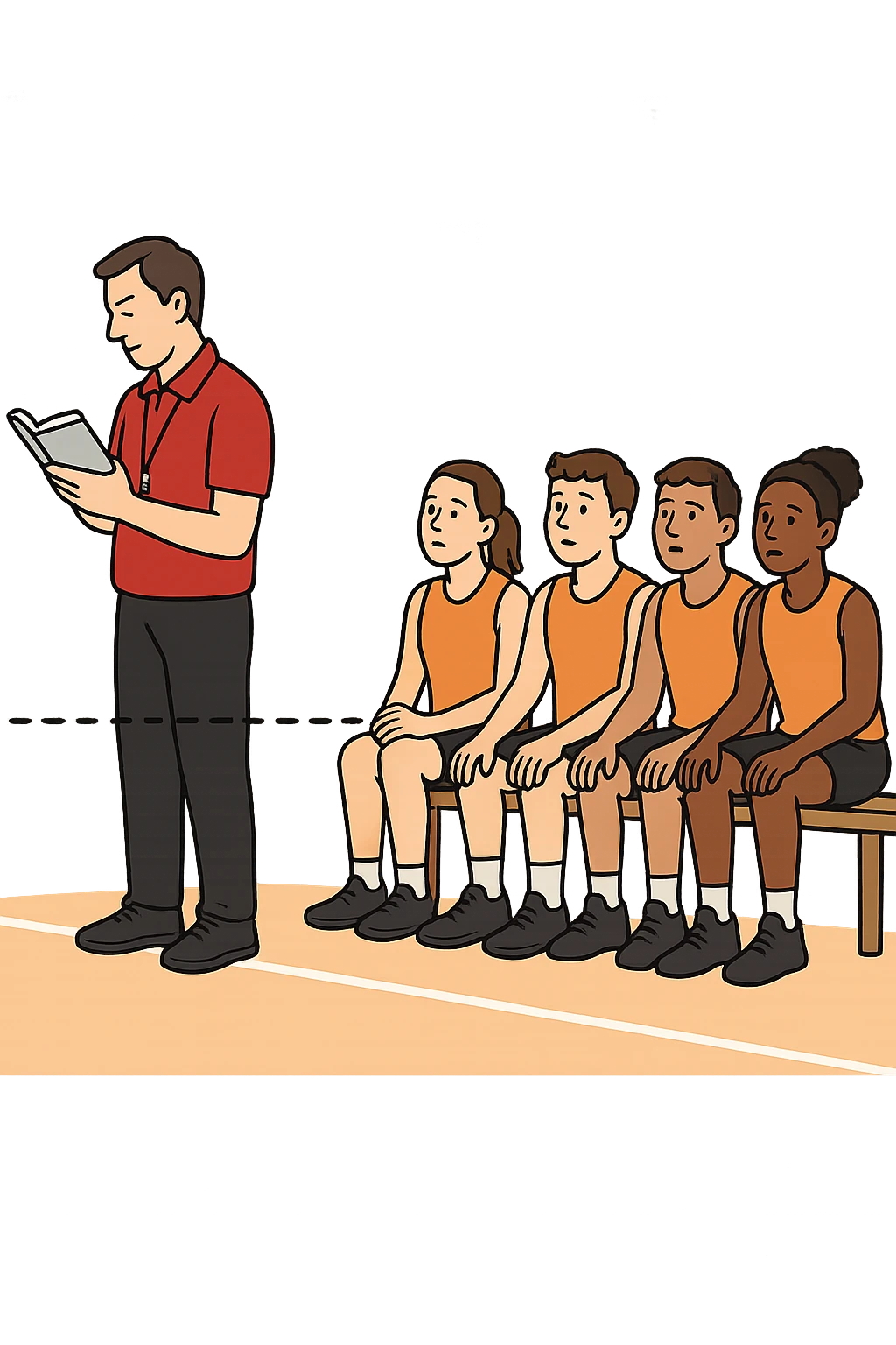 a coach is seen far away on the sidelines, partially turned away from the team or group, engaged in another activity (like reading, texting, or talking on the phone), while the athletes look toward them for support or instruction. The distance between coach and team is visually clear, symbolizing lack of presence. in italiano emoji
